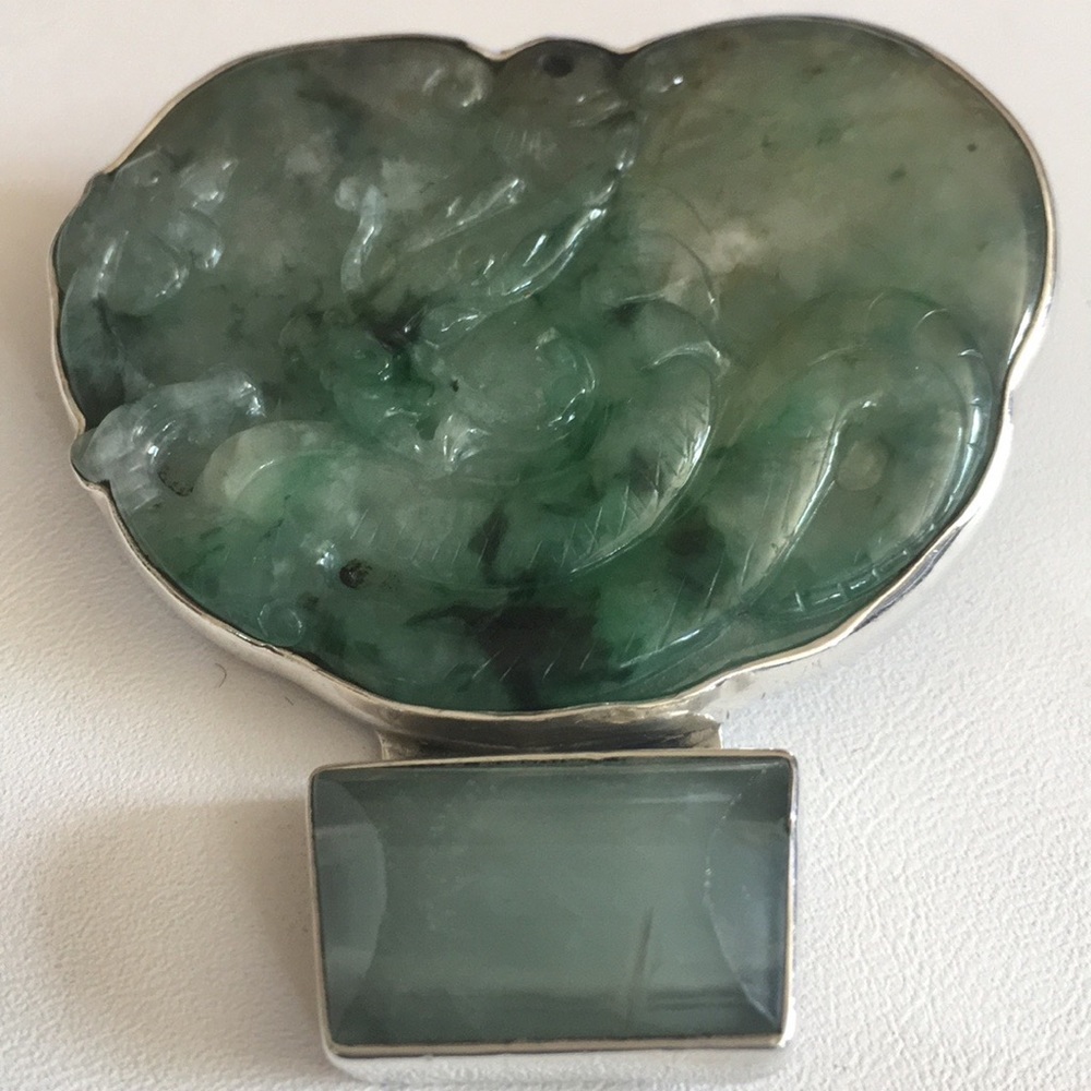 AKR Sterling Silver carved Jade Dragon Brooch